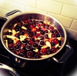 Plum-Ginger Pink Peppercorn syrup on the stovetop.  Smells so good!